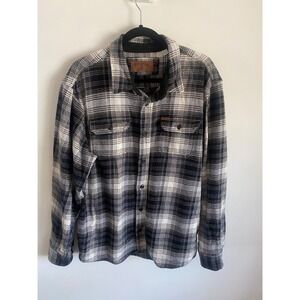 Orvis Mens XL Plaid Flannel Shirt‎ Jacket Navy Blue White Shacket